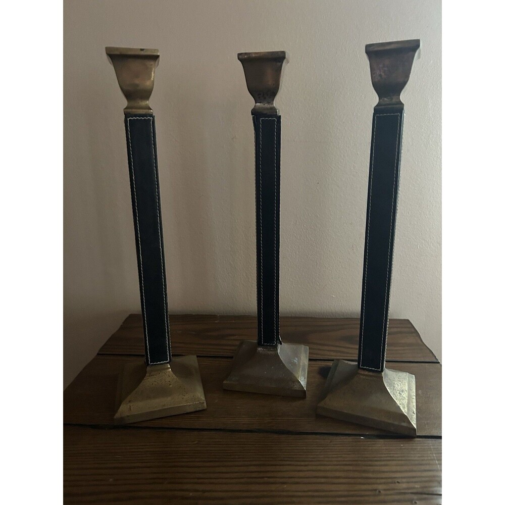Vtg. Large Black Leather & Brass Set of 3 Candle Holder (India) Masculine Gothic